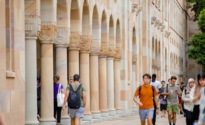 Prospective students can get to know St Lucia campus on Sunday 7 August. Image: supplied Students walking through the Great Court at UQ St Lucia, which is surrounded by sandstone buildings